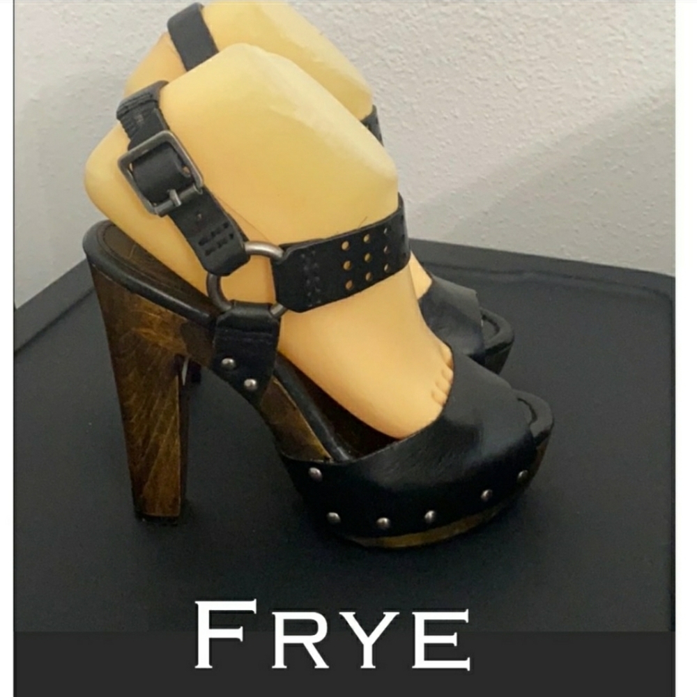 Authentic Frye black leather heels sandals Sz 7